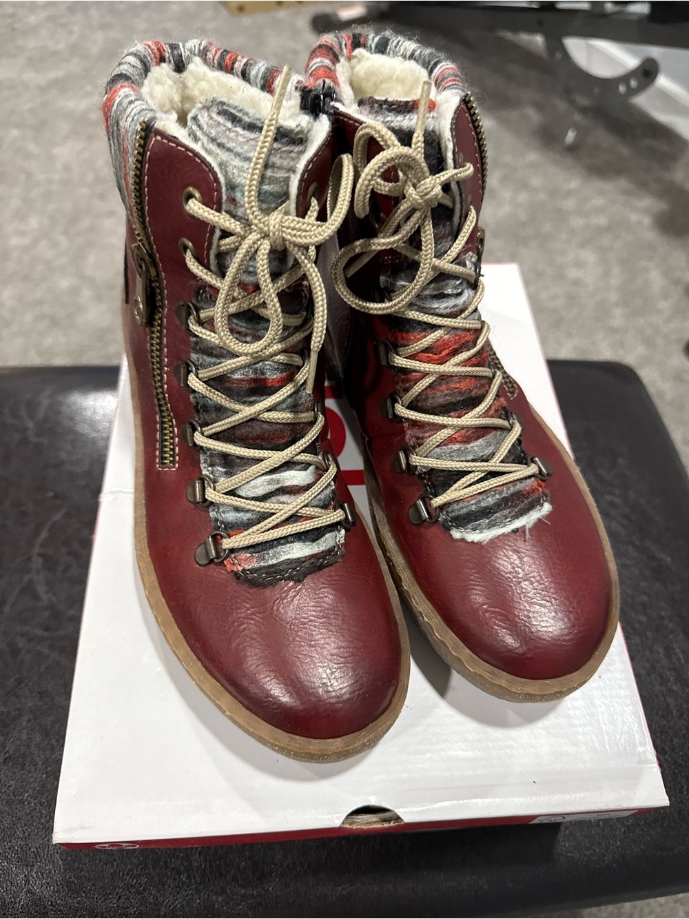Rieker Burgundy Leather Lace-Up Ankle Boots with Striped Knit Collar - Picture 3 of 9